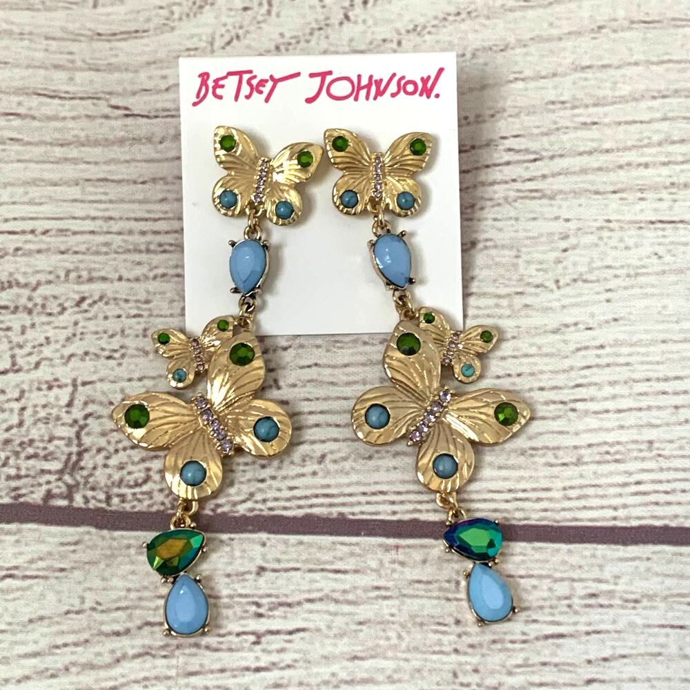 Betsey Johnson Gold Butterfly Dangle Earrings Blue Green Jewel Rhinestone 3 3/4"